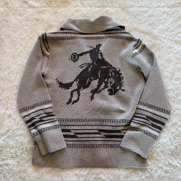 Western Bucking Bronc Rodeo Horse Cowichan Knit Traditional Button Front  Sweater